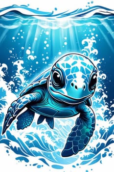 Turtle riding wave on white background. For Tshirt design, posters, postcards, other merchandise with marine theme, childrens books, educational materials for kids, tourism, stationery