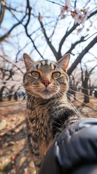 A cat is looking at the camera with its paw on a hand