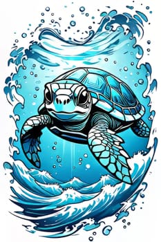 Turtle moves gracefully through water, its movements fluid, effortless. For fashion, clothing design, animal themed clothing advertising, as illustration for interesting clothing style, Tshirt design