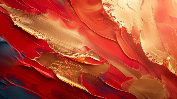 A close up of a painting with red, gold and blue colors