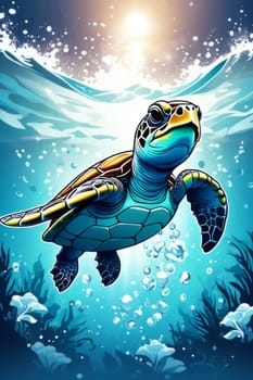 Turtle glides through its aquatic environment, showcasing beauty, tranquility of underwater world. For Tshirt design, posters, postcards, other merchandise with marine theme, childrens books, tourism