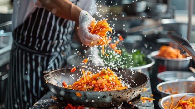 A person is a chef sprinkling food into the wok