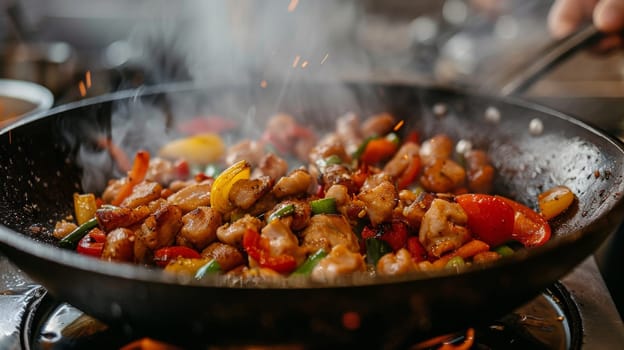 A close up of a wok filled with food being cooked