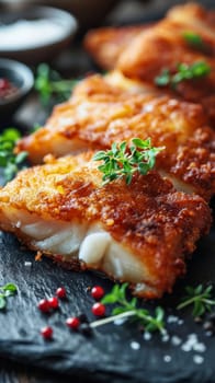 A close up of a piece of fried food with herbs on it