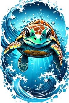 Majestic sea turtle gracefully gliding through crystal-clear waters of ocean. For educational materials for kids, game design, animated movies, tourism, stationery, Tshirt design, clothing design