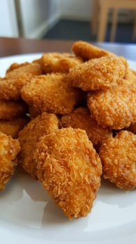 A close up of a plate full of fried chicken nuggets
