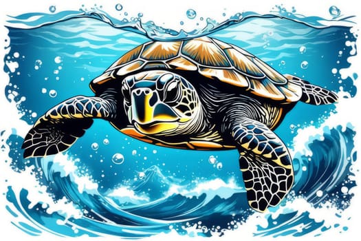 Vibrant sea turtle elegantly maneuvering its way through shimmering azure ocean depths, showcasing beauty, tranquility of marine life in its natural habitat.For fashion, clothing design, Tshirt design
