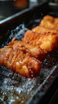 A close up of fried food on a grill with water
