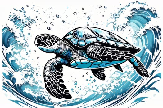 Turtle gracefully swimming in water surrounded by bubbles, showcasing its serene underwater world. For Tshirt design, posters, postcards, other merchandise with marine theme, childrens books