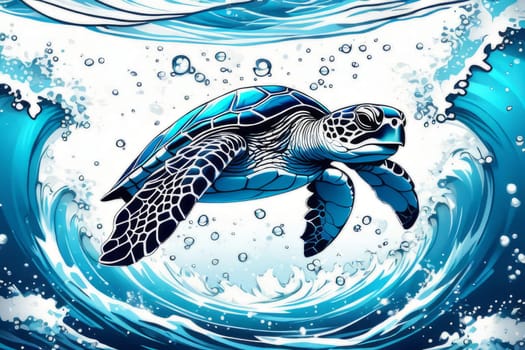Majestic turtle glides effortlessly through clear blue waters, its shell glistening in sunlight. For educational materials for kids, game design, animated movies, tourism, stationery, Tshirt design