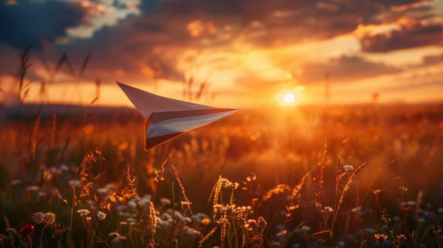 A paper airplane flying through a field of flowers at sunset