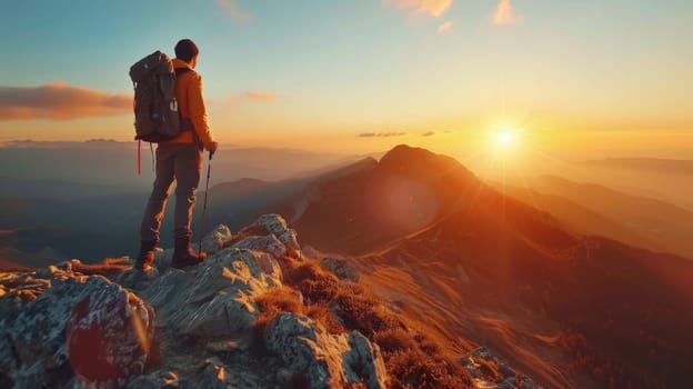 A man with backpack standing on top of a mountain looking at the sun