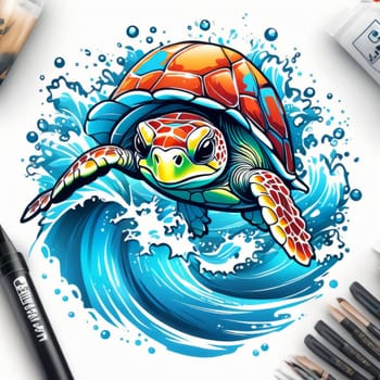 Serene turtle gracefully swimming through water amidst trail of bubbles. For fashion, clothing design, animal themed clothing advertising, as illustration for interesting clothing style, Tshirt design