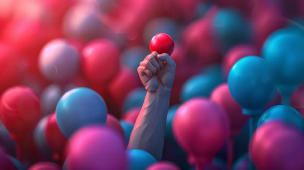 A hand holding a red balloon in the midst of many blue balloons