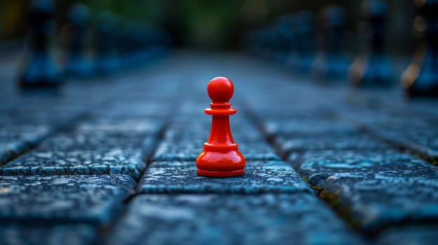 A lone red chess piece stands alone on a brick road