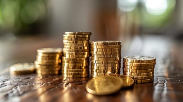 A pile of gold coins on a wooden table with some blurry background
