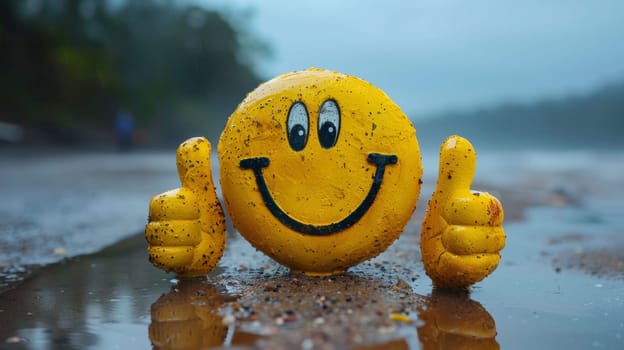 A yellow smiley face sitting on a wet beach with two thumbs up