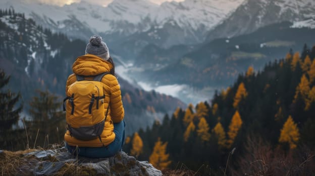 A person with a yellow jacket sitting on top of some rocks