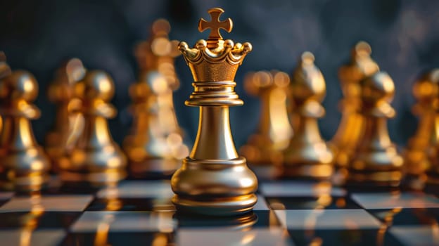A gold chess piece on a checkered board with other pieces