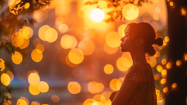 A woman standing in front of a tree with lights around it