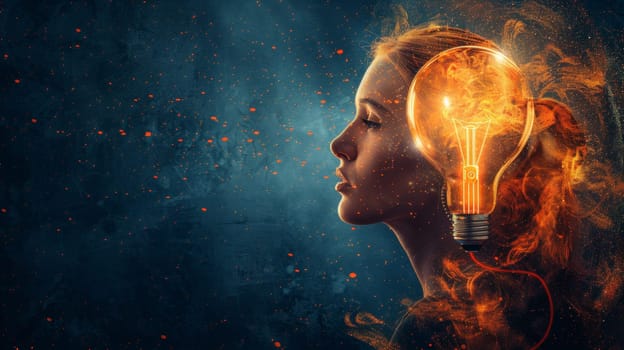 A woman with a light bulb in her head and fire around it