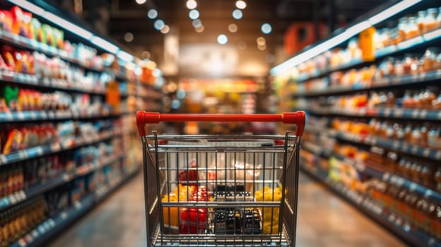 A shopping cart is in a grocery store aisle with many different items