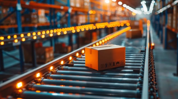 A conveyor belt with a box on it in an industrial setting