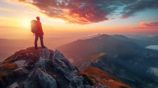 A man standing on top of a mountain with his back to the sun