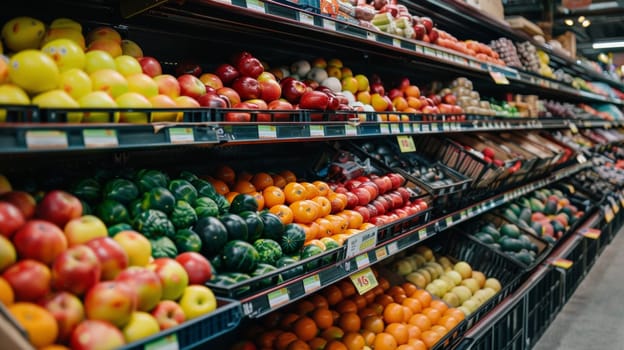 A grocery store aisle with many different fruits and vegetables