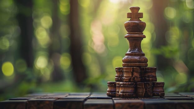 A wooden chess piece on top of a pile of blocks