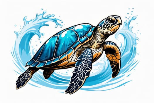 Turtle glides through its aquatic environment, showcasing beauty, tranquility of underwater world. For Tshirt design, posters, postcards, other merchandise with marine theme, childrens books, tourism