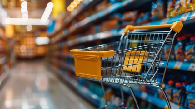 A shopping cart in a grocery store aisle with shelves of food and drinks