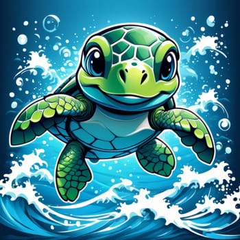 Turtle gracefully swimming in water surrounded by bubbles, showcasing its serene underwater world. For Tshirt design, posters, postcards, other merchandise with marine theme, childrens books