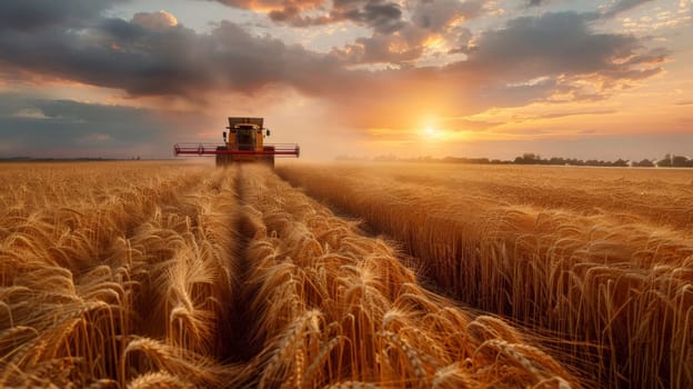 A large field of wheat with a combine harvesting the crop