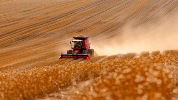 A red tractor is driving through a field of wheat