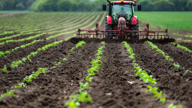 A tractor plowing a field with green plants in the background