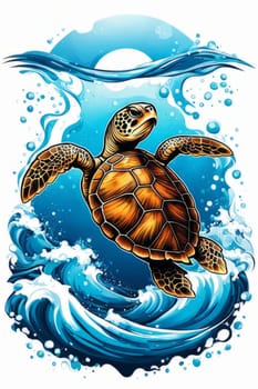 Majestic turtle glides effortlessly through clear blue waters, its shell glistening in sunlight. For educational materials for kids, game design, animated movies, tourism, stationery, Tshirt design