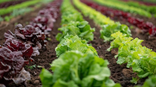 A field of lettuce growing in rows with green and red leaves