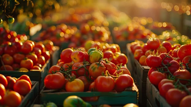 A bunch of tomatoes are in boxes on a table