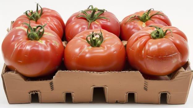 A group of six tomatoes are in a cardboard box