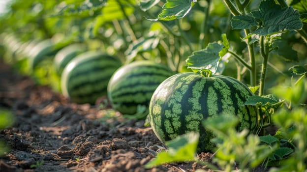 A row of watermelons growing in a field with dirt on the ground