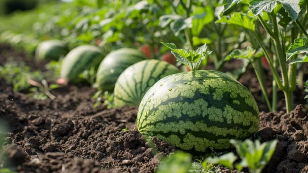 A group of watermelons growing in a field with green plants