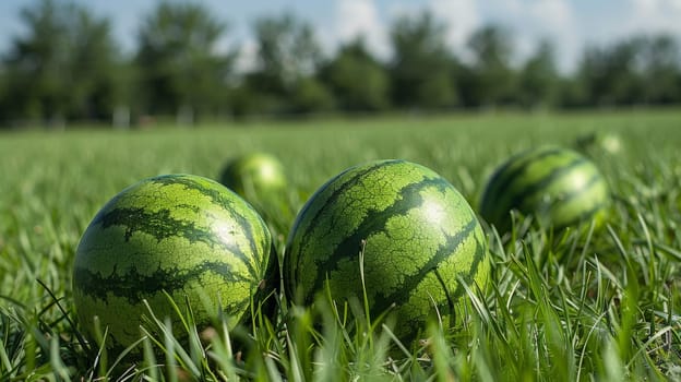 A group of watermelons are laying in the grass