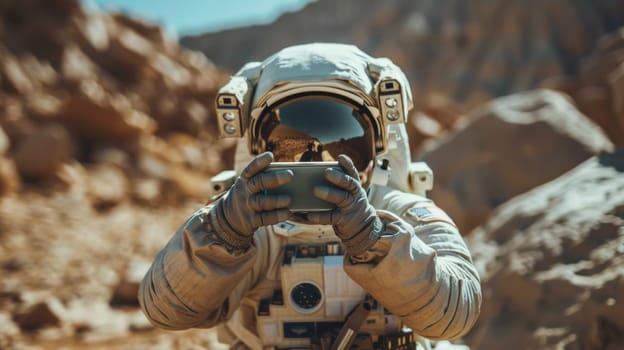 A man in an astronaut suit holding a cell phone