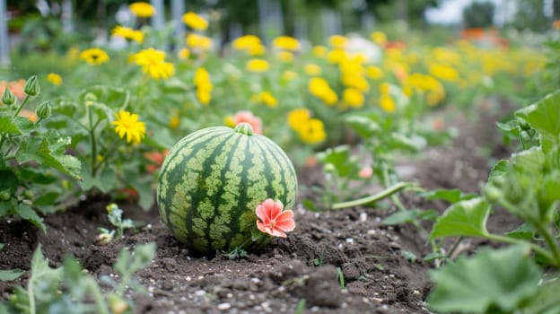A watermelon in a field with flowers and grasses