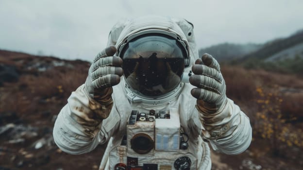 A person in an astronaut suit holding up their hands