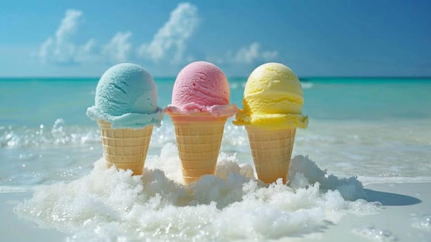 Three ice cream cones are sitting in the sand on a beach