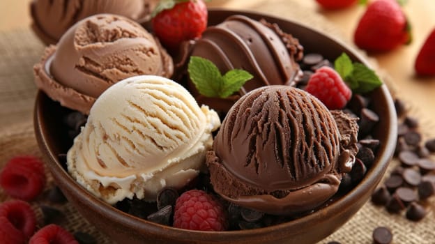 A bowl of ice cream with chocolate, raspberries and cherries
