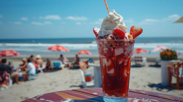 A drink with whipped cream and strawberries on a beach