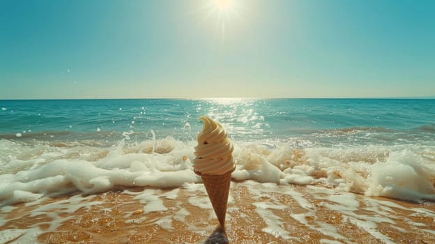 An ice cream cone on the beach with waves crashing in